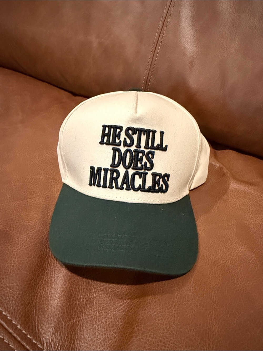 He Still Does Miracles Embroidered Two-Tone Cap - Cream & Dark Green